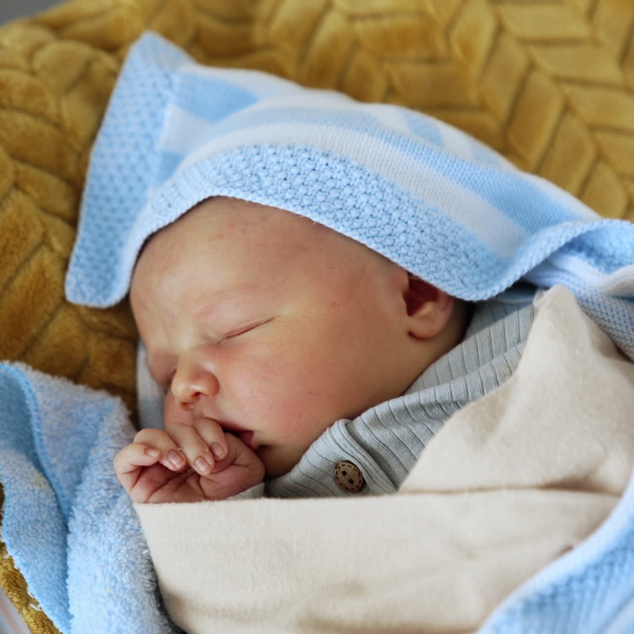 Neonato adorabile che dorme serenamente nella culla. Bambino appena nato avvolto nelle coperte dorme tenendo una mano vicino alla bocca. Vista dall'alto ravvicinata
