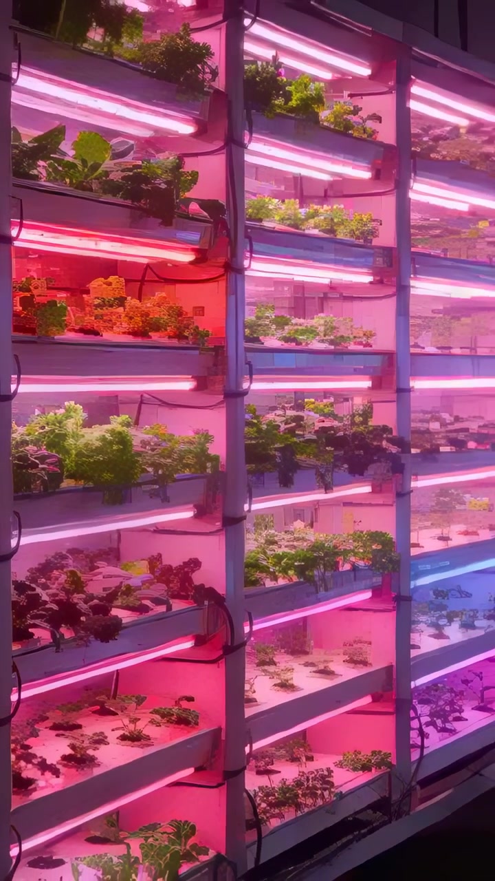 Vertikales Video: Schwenkende Kamera zeigt vertikales Regal auf einem Bauernhof mit Hydrokultur-Behältern, pinke oder blaue LED.