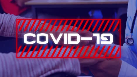 Animation-of-COVID-19-in-white-letters-and-red-stripes-over-Caucasian-hands-holding-each-others