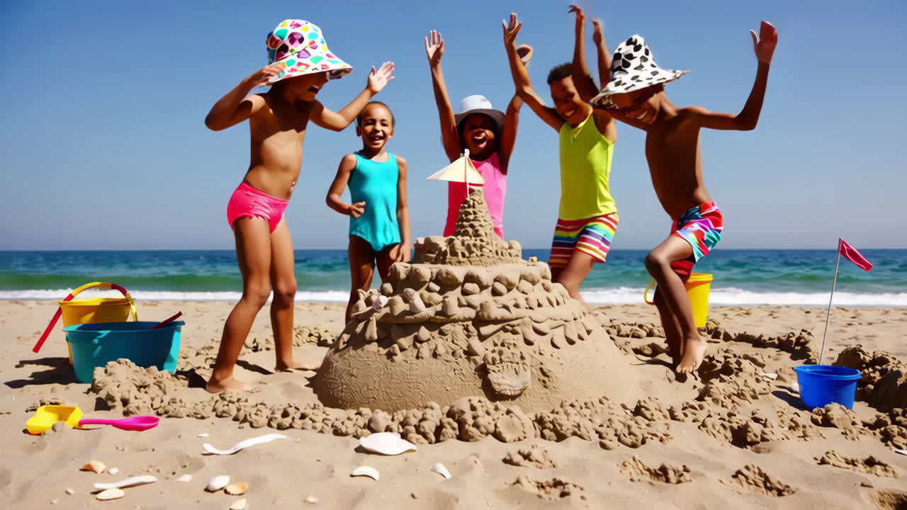 niños construyendo un castillo de arena en la playa