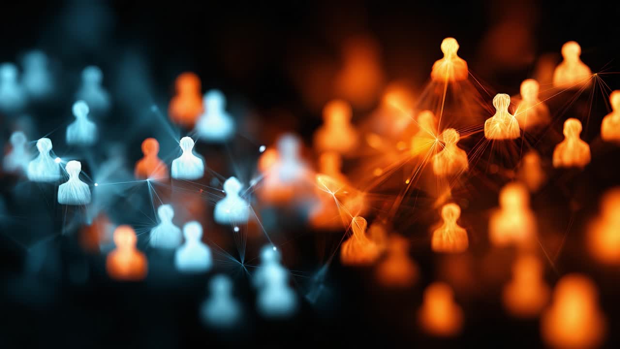 Visual Representation of Connected Figures in Abstract Digital Art, Showcasing the Interaction Between Different Groups through Vivid Color Contrast and Networked Lines