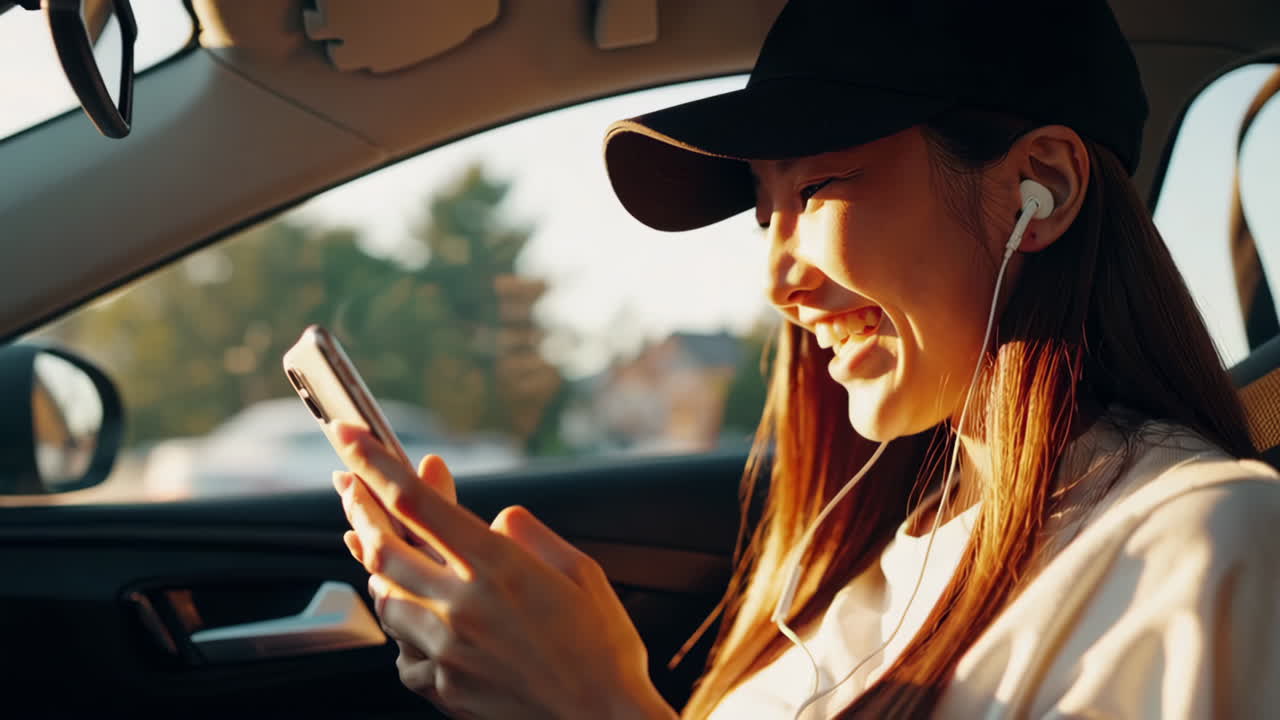 Happy young woman laughing and listening to music with earphones in a car
