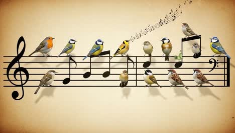 Charming Harmony: A Visual Symphony of Colorful Birds Aligned on Musical Notes, Creating a Whimsical Melodic Scene on Vintage Paper Background