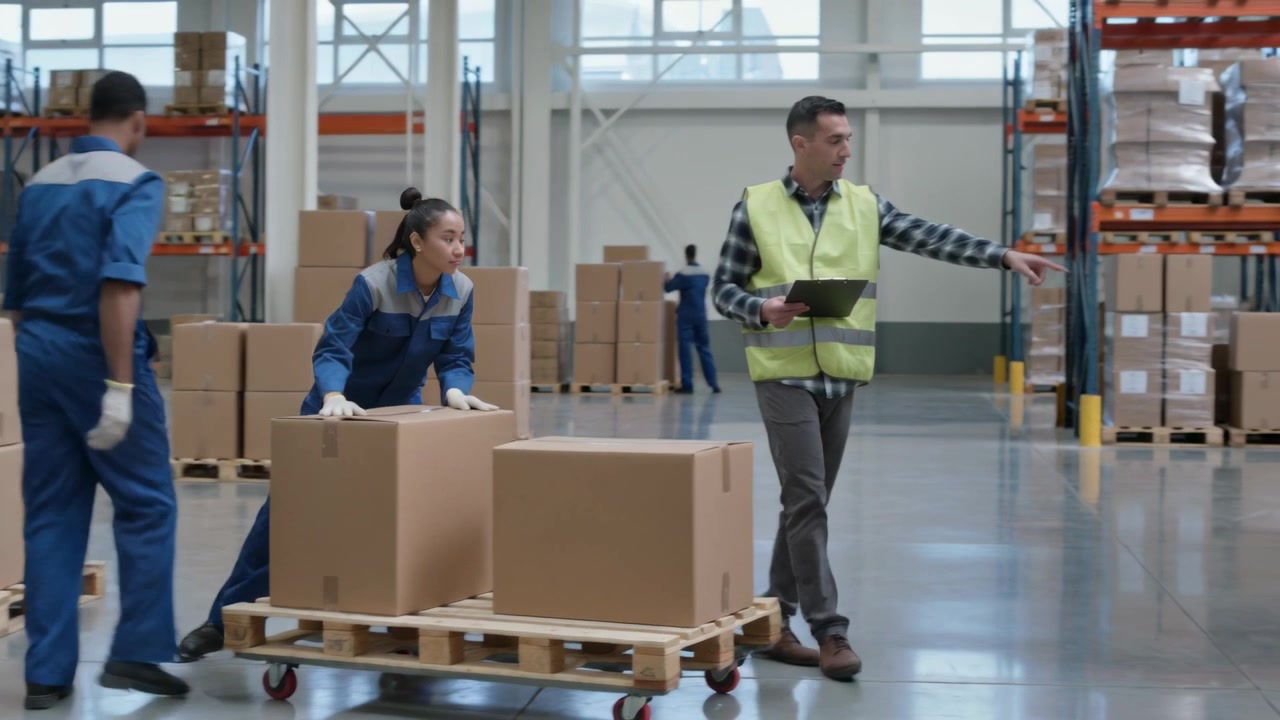Líder señalando con una tableta, con ropa de alta visibilidad, guiando a un equipo con monos de trabajo que colocan cajas en un carro en un almacén.