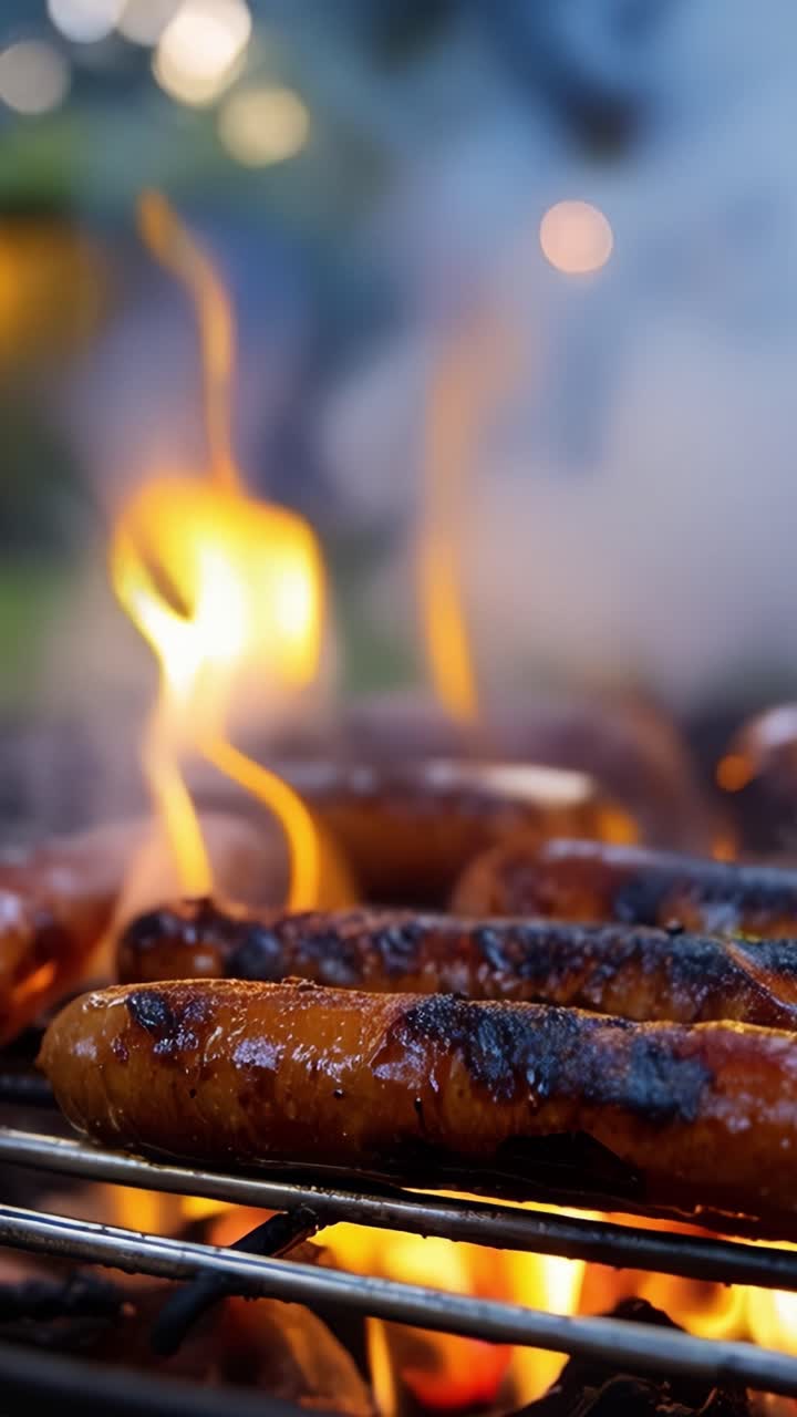 Salsicce succulente alla griglia che cuociono sulle fiamme su una griglia per barbecue in un ambiente esterno caldo, catturando l'essenza dell'estate e la gioia della cucina all'aperto.