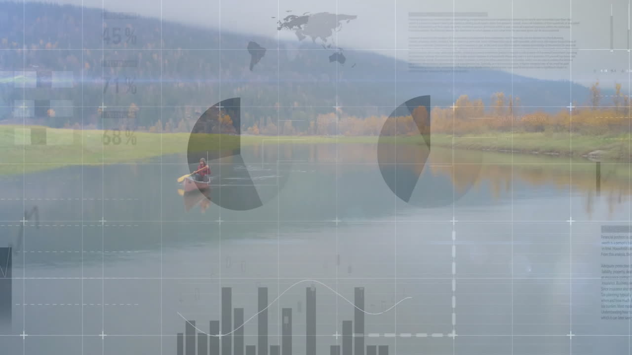 Data visualization animation over serene lake with person fishing in boat