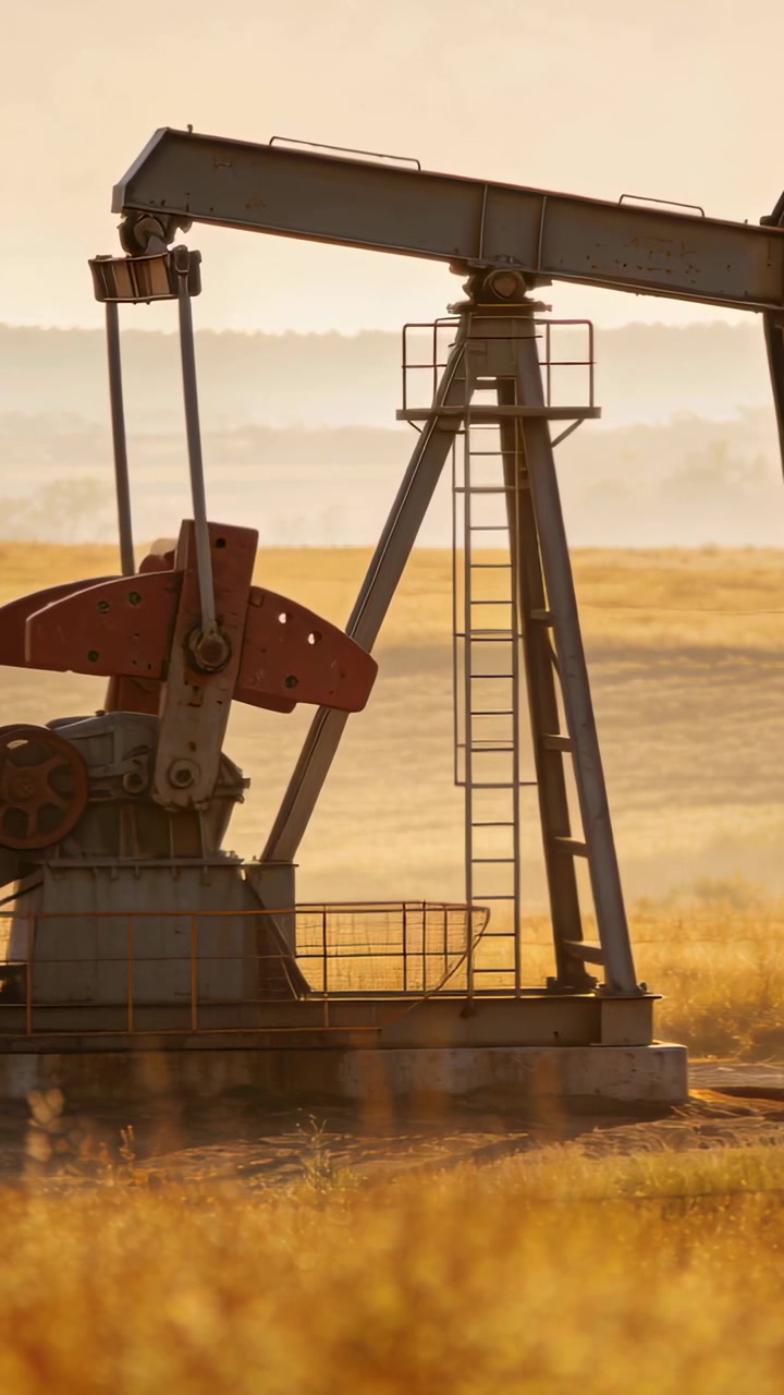 Vertical video: Driving motor powering pumpjack, pumping oil with red horsehead on grass plain