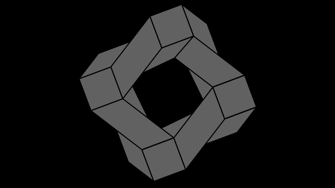 16:9 영상 형식으로 풀 스크린에서 중앙으로 사라지는 크기를 줄여 시계 방향으로 회전하는 스트로보스코픽 및 최면 효과를 가진 흑백 그래픽 객체