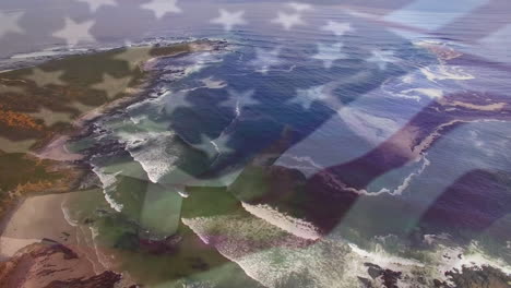 digital composition of waving us flag against aerial view of sea waves