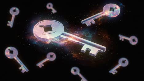 a glimpse into a cosmic realm: ethereal keys floating amidst a galaxy of stars and wonders, unlocking mysteries beyond expression