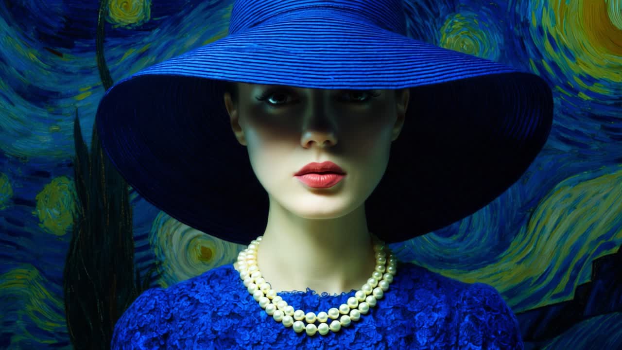 A captivating portrait of a woman in a striking blue hat and elegant pearls, set against a mesmerizing starry night background that evokes emotion and creativity, blending fashion with art in a graceful manner
