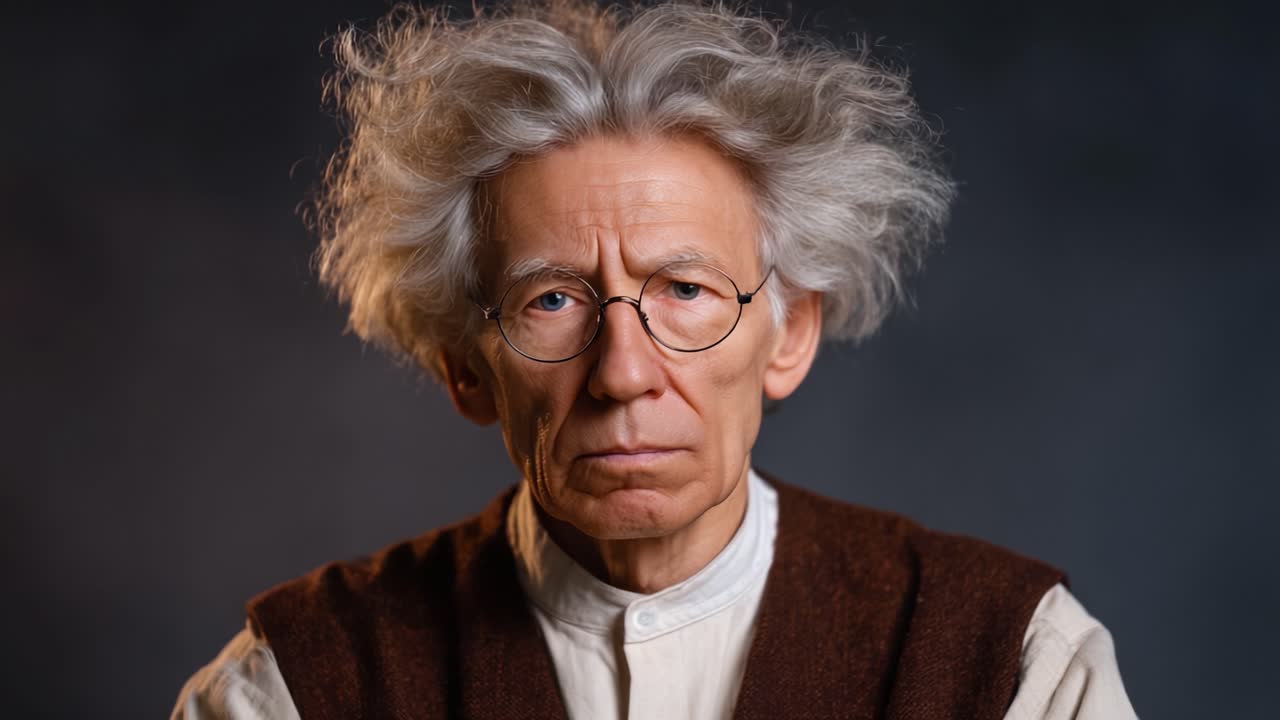 Serie di ritratti accattivanti di un uomo anziano con capelli ed espressione unici, che mostrano intensità e riflessione nell'illuminazione da studio