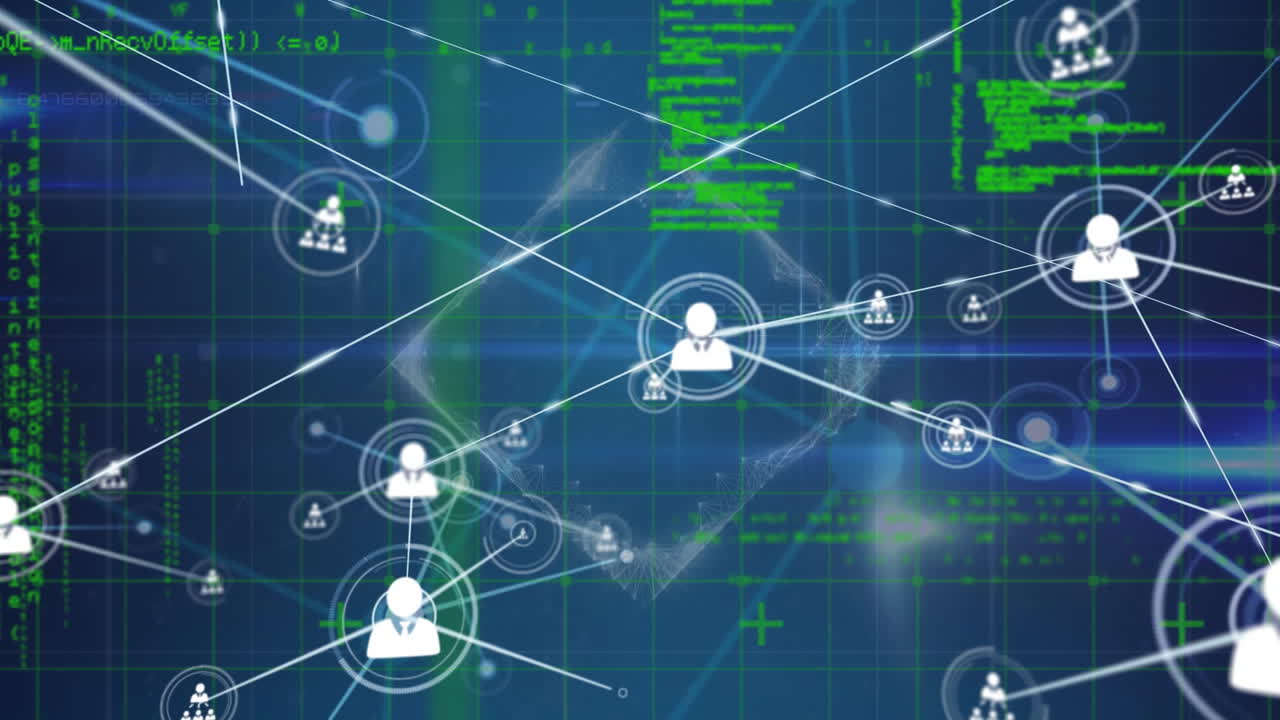 Animation of connections with icons and data processing over dark background