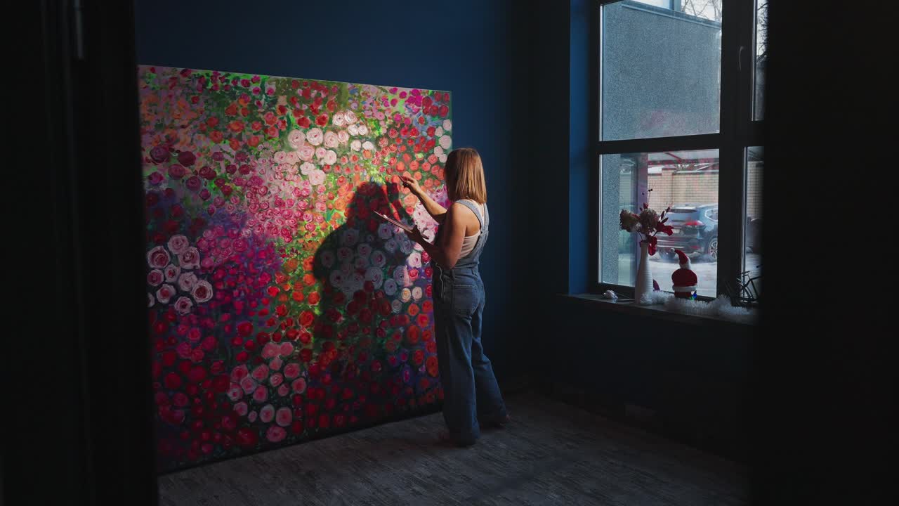 Artista feminina pintando uma grande tela floral em um estúdio escuro