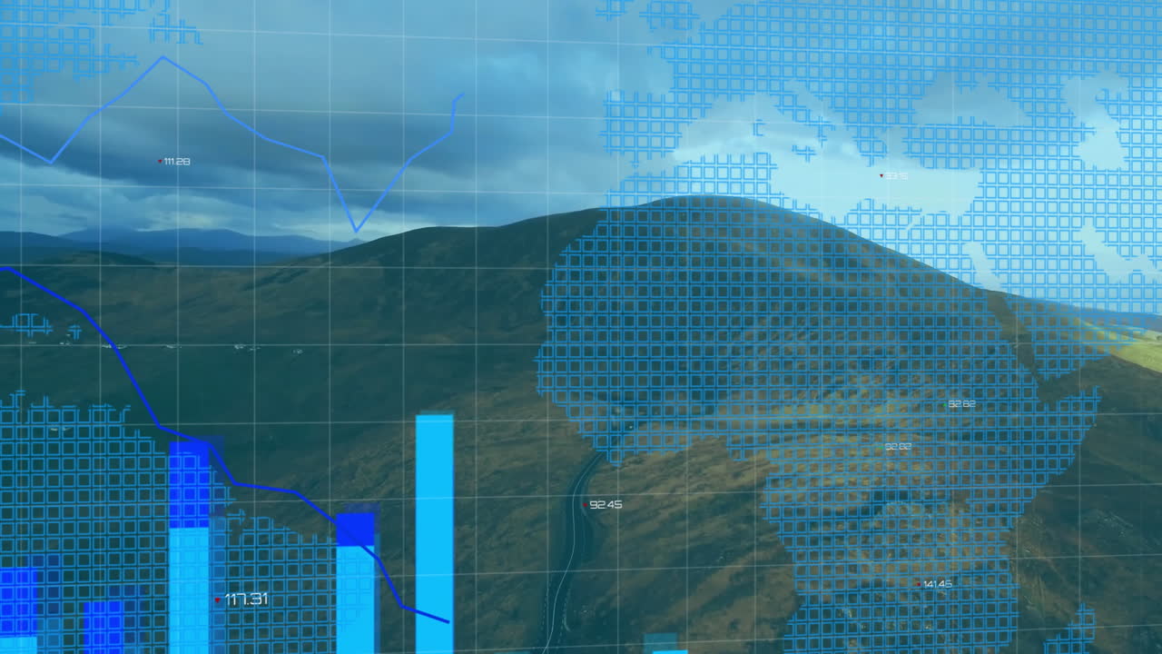 Mountain ridge being visualized with flat design overlay, showing blue grid map and trend line