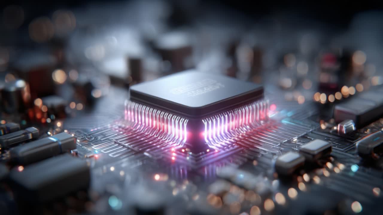 Close-Up of a Glowing Microchip on a Circuit Board, Showcasing Advanced Technology and Electrical Components in Stunning Detail