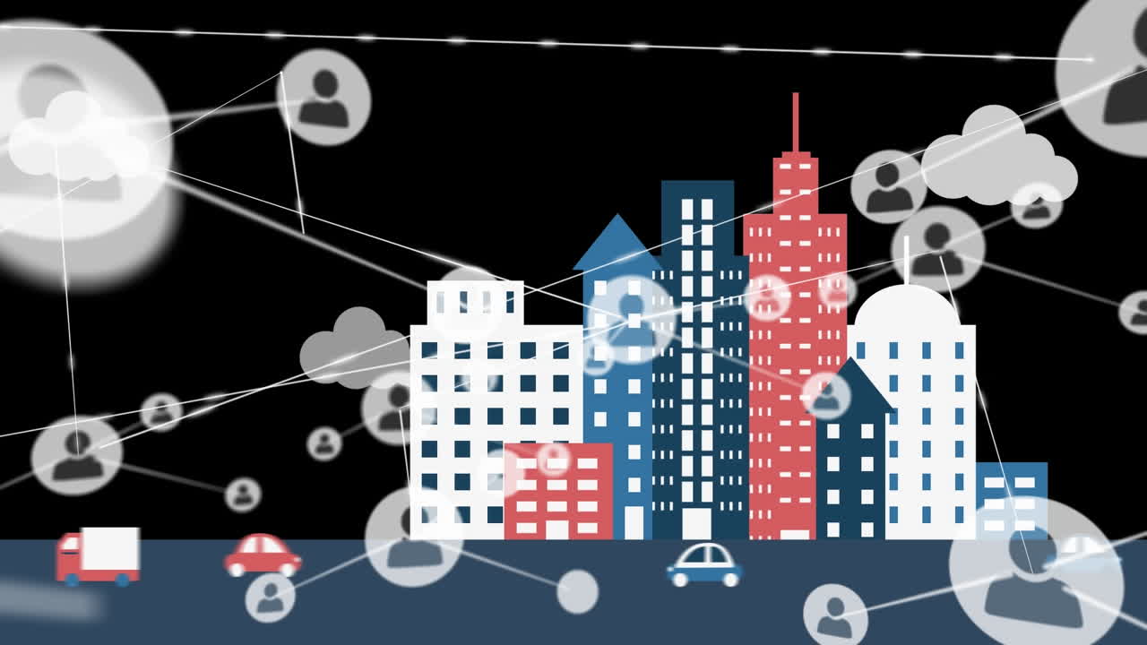 검은 바탕에 도시 그림 위의 아이콘과 연결 네트워크의 애니메이션