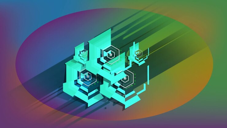 Animation of shapes moving over colourful background
