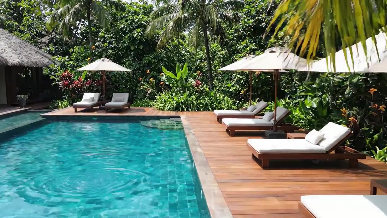 Ruhige Oase: Ein einladender Blick auf einen luxuriösen Rückzugsort am Pool, umgeben von üppigem Grün und entspannenden Liegestühlen in einem tropischen Paradies