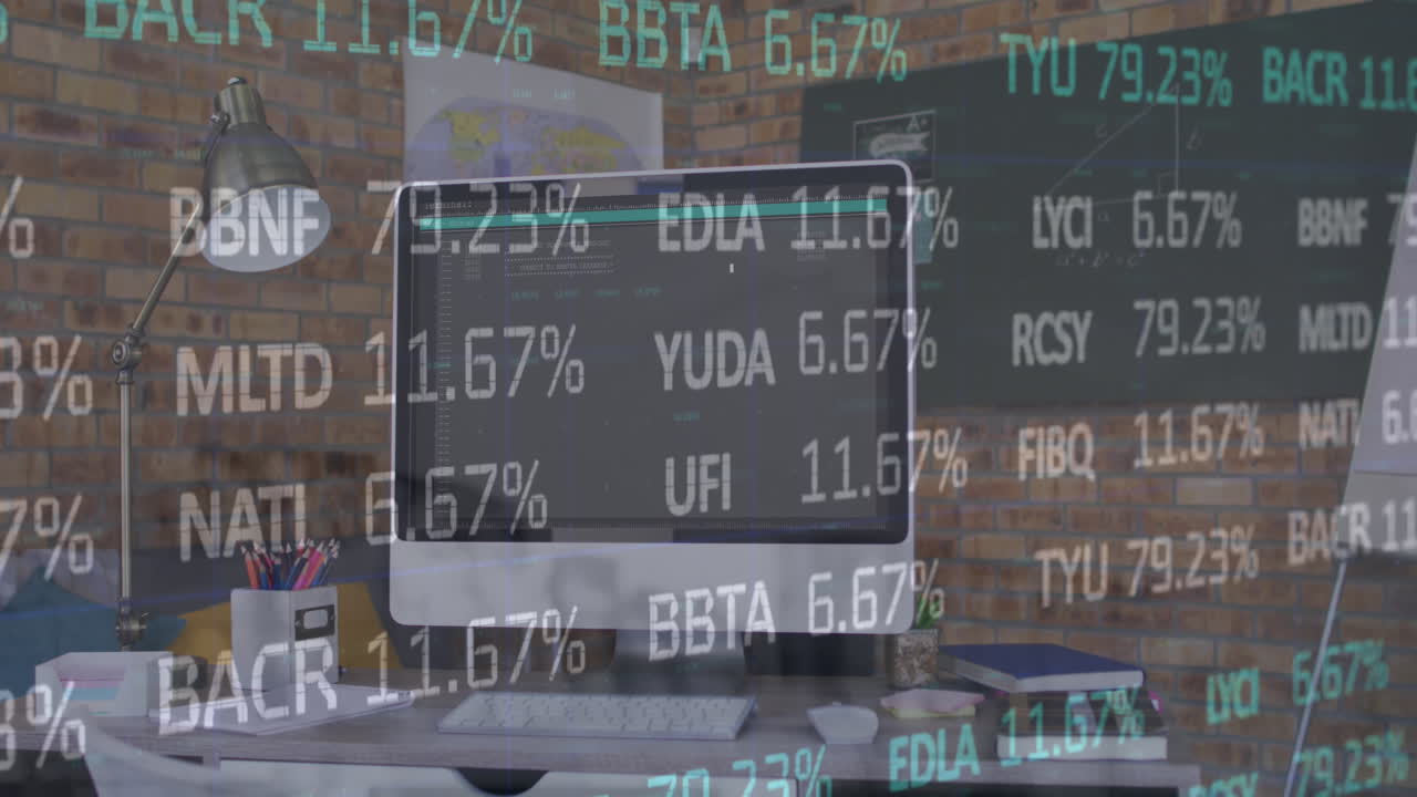 animazione dell'elaborazione dei dati del mercato azionario contro il computer sulla scrivania dell'ufficio