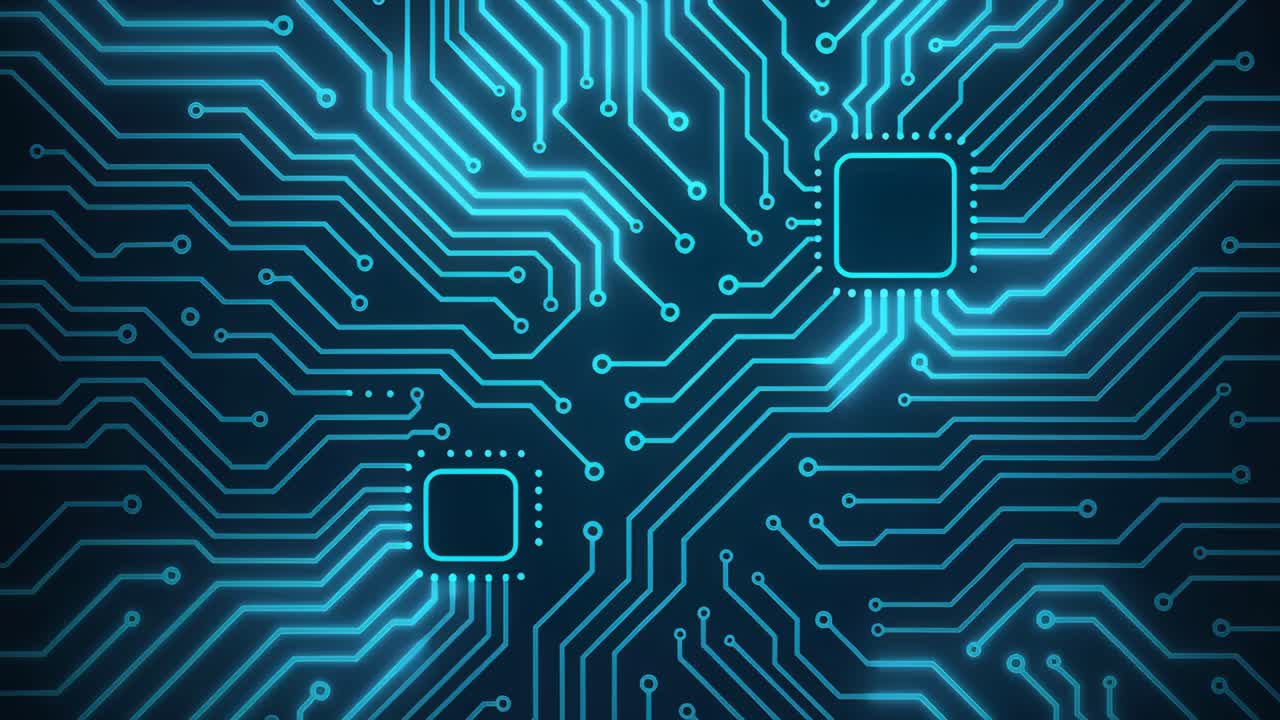 Top-down view of a glowing blue circuit board pattern, perfect for tech-themed video backgrounds