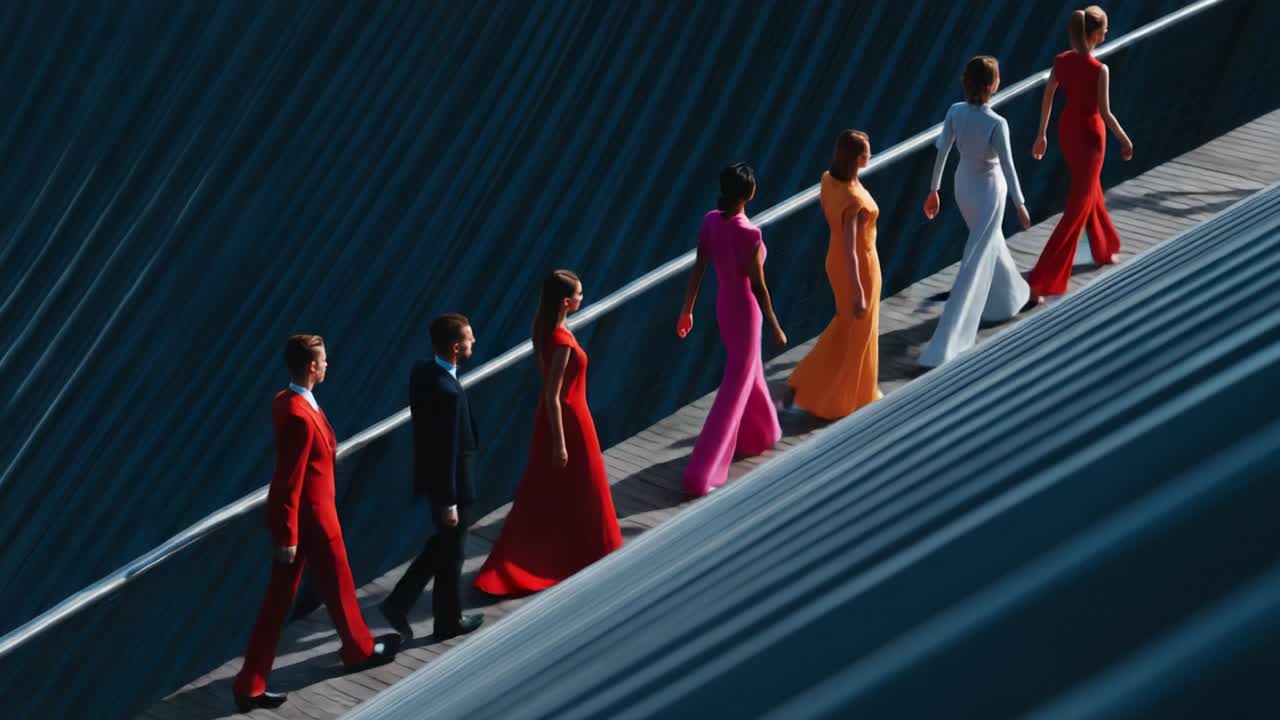 Fashionable group walking on a bridge