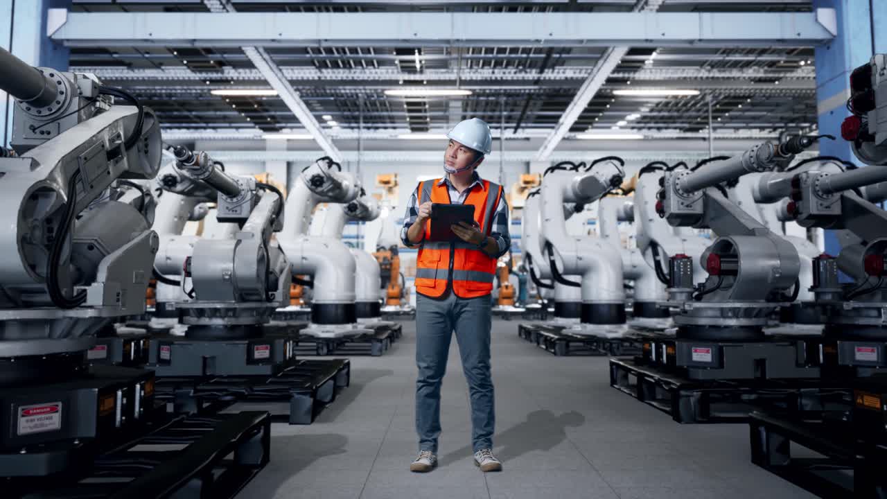 Factory Worker Inspecting Robotic Arms