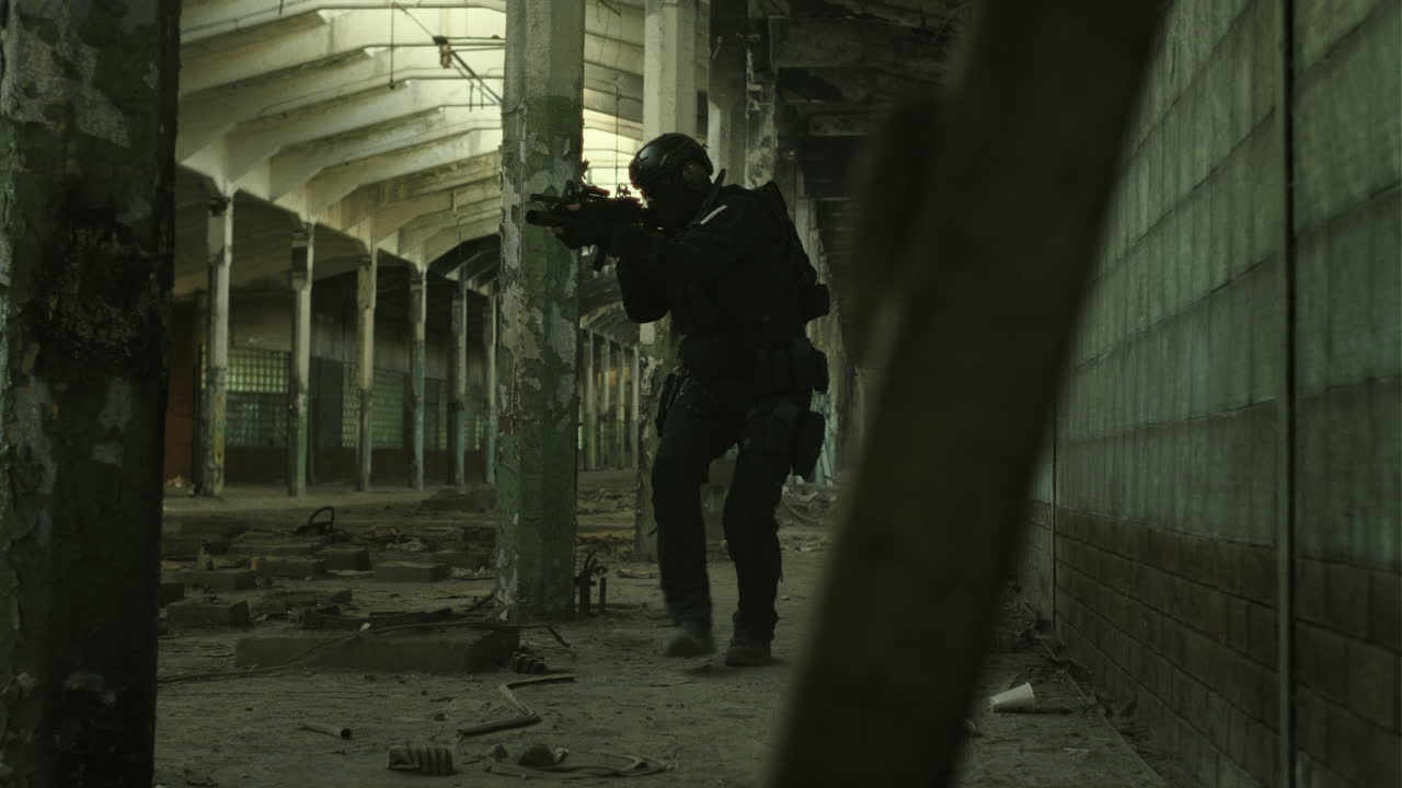 Abandoned Factory Interior with Soldier in Action