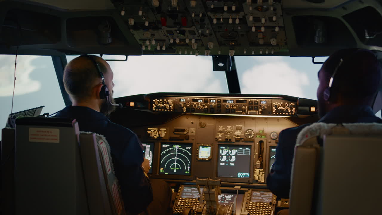Diverse team of captain and copilot using dashboard command