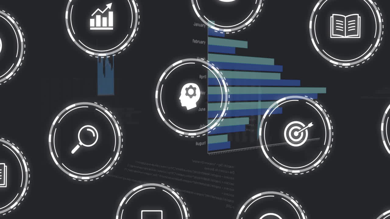 Animation of business icons over diagrams moving