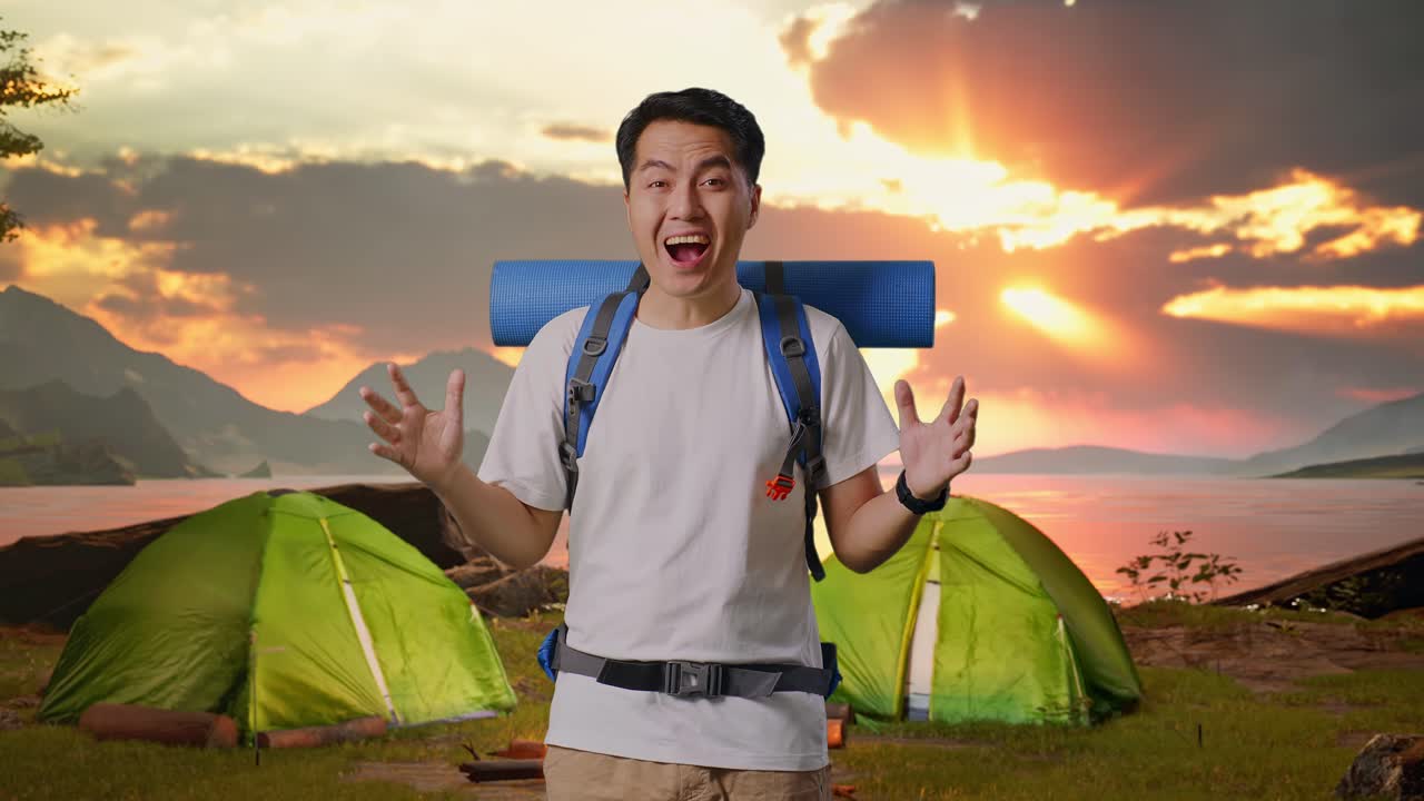 Excited Man on Camping Trip