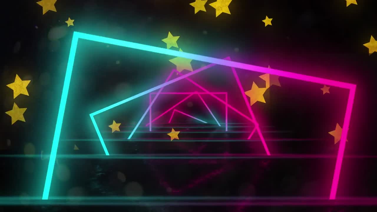 밤하늘의 물선과 별 위에 움직이는 다채로운 기하학적 모양의 애니메이션