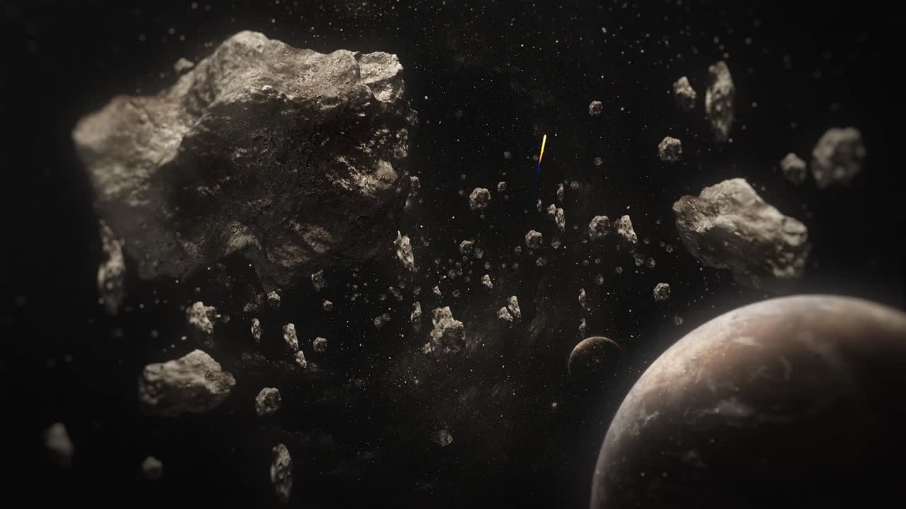Avaruusalus lentää asteroidikentän läpi lähellä etäistä planeettaa