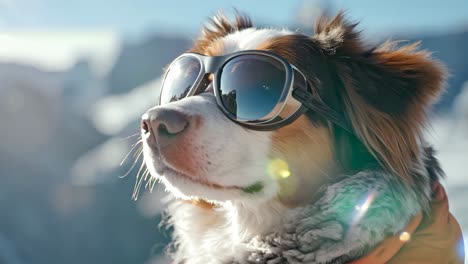 a dog wearing sunglasses and a scarf in the snow