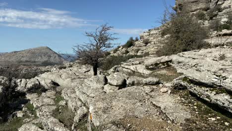 Kurze-Tour-Durch-Ein-Bergiges-Gebiet-Mit-Felsigen-Pfaden-Durch-Die-Karstlandschaft-In-El-Torcal-De-Antequera,-Spanien