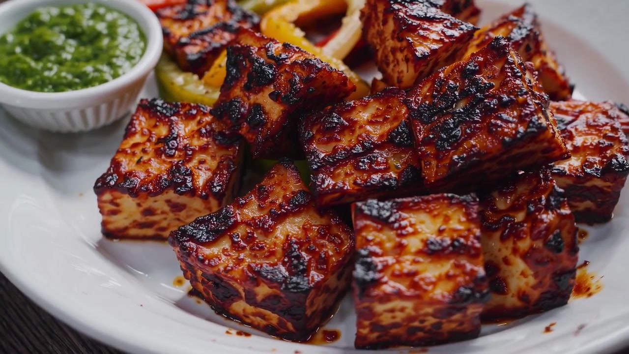 Paneer Tikka alla griglia servito su un piatto bianco