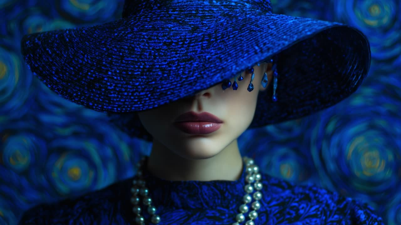 A Mysterious Woman in Striking Blue Attire and Hat, Veiling Her Eyes with Elegance, Surrounded by a Whimsical Starry Background, Capturing the Essence of Fashion and Intrigue in a Stunning Visual Display