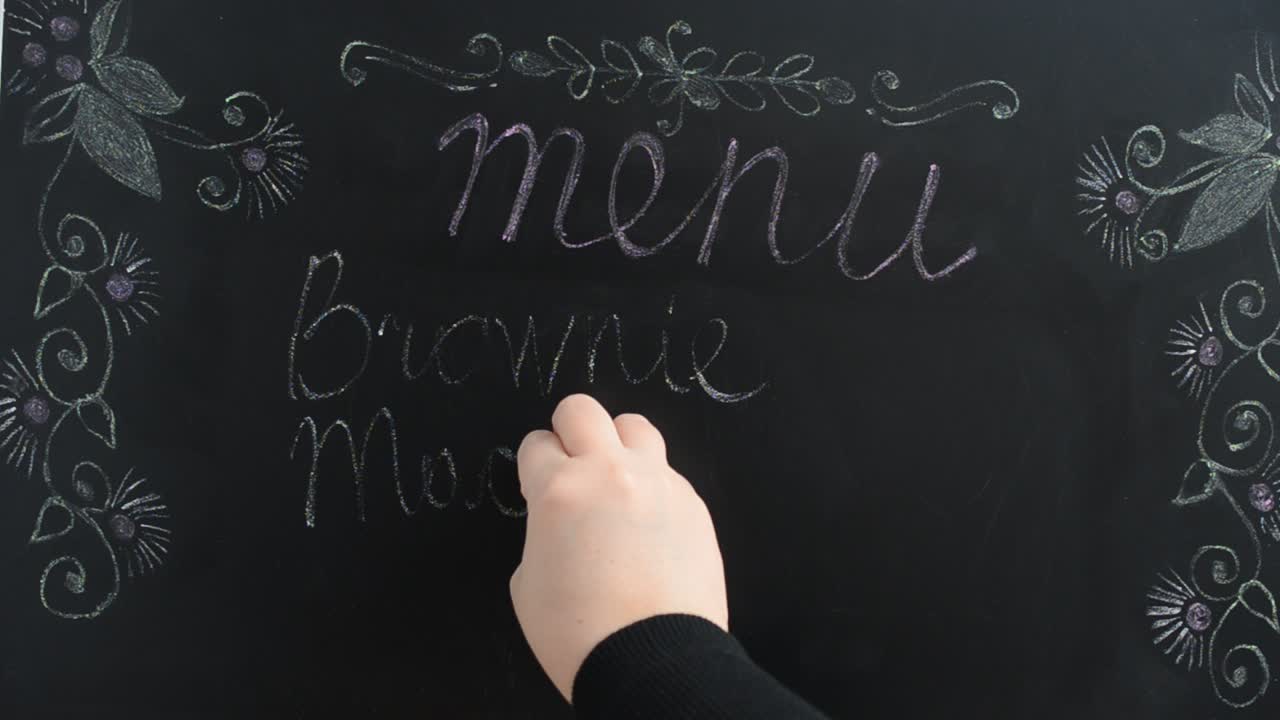 Menuen med desserter og varme drikke. Vi skriver menuen på en tavle.