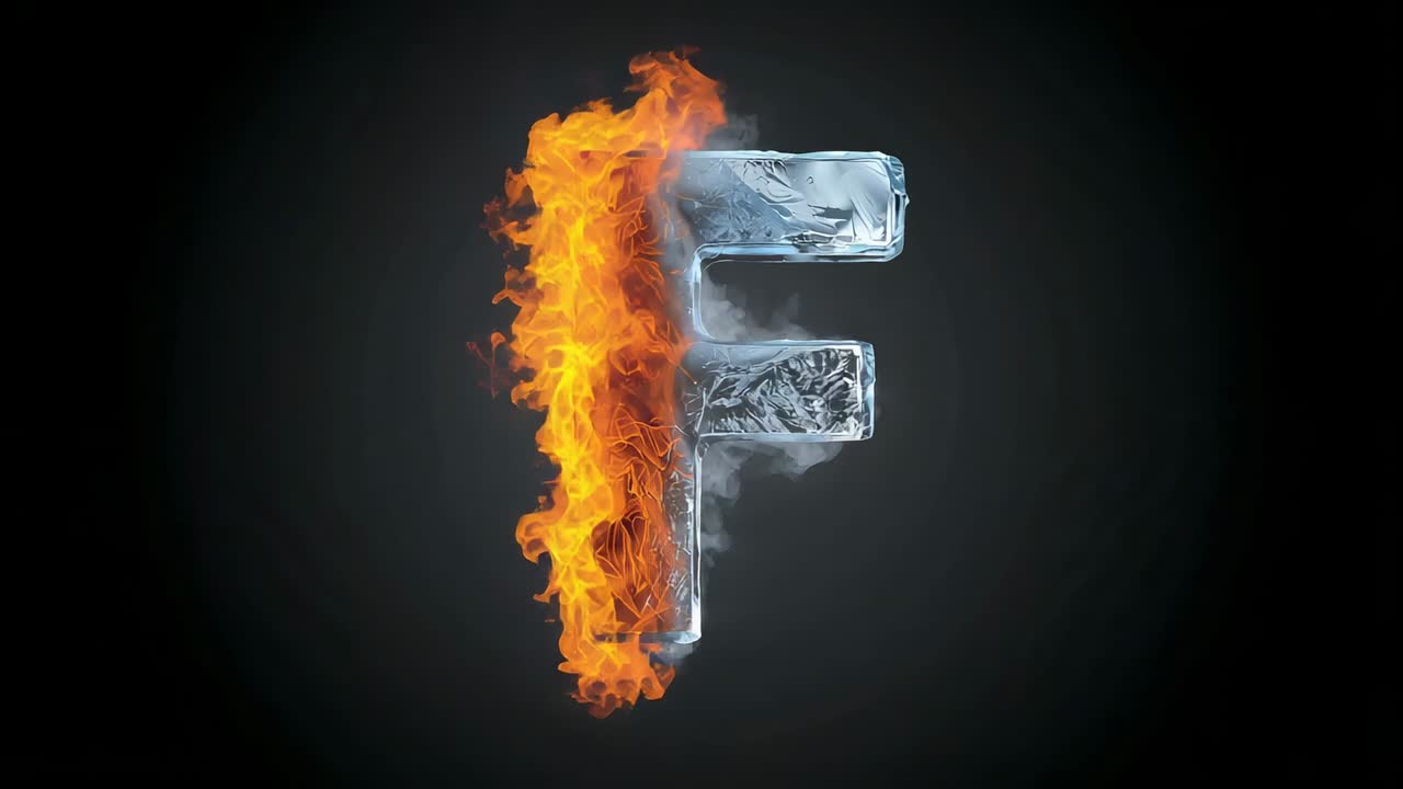Letter F appearing and flickering with fire and ice sides in dark studio, highlighting contrast