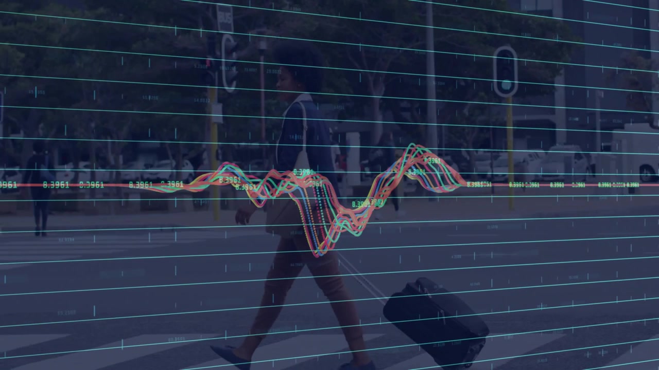 business commuter woman walking crosswalk pulling suitcase with animated grid lines and line graphs