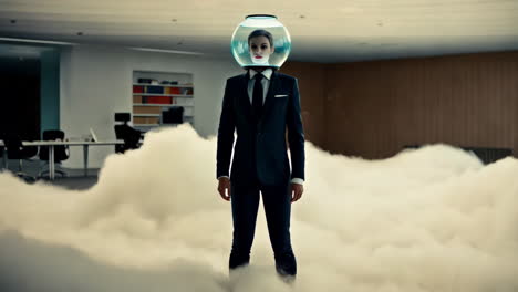 surreal image of a person in a suit with a fishbowl on their head standing in a cloud-filled office