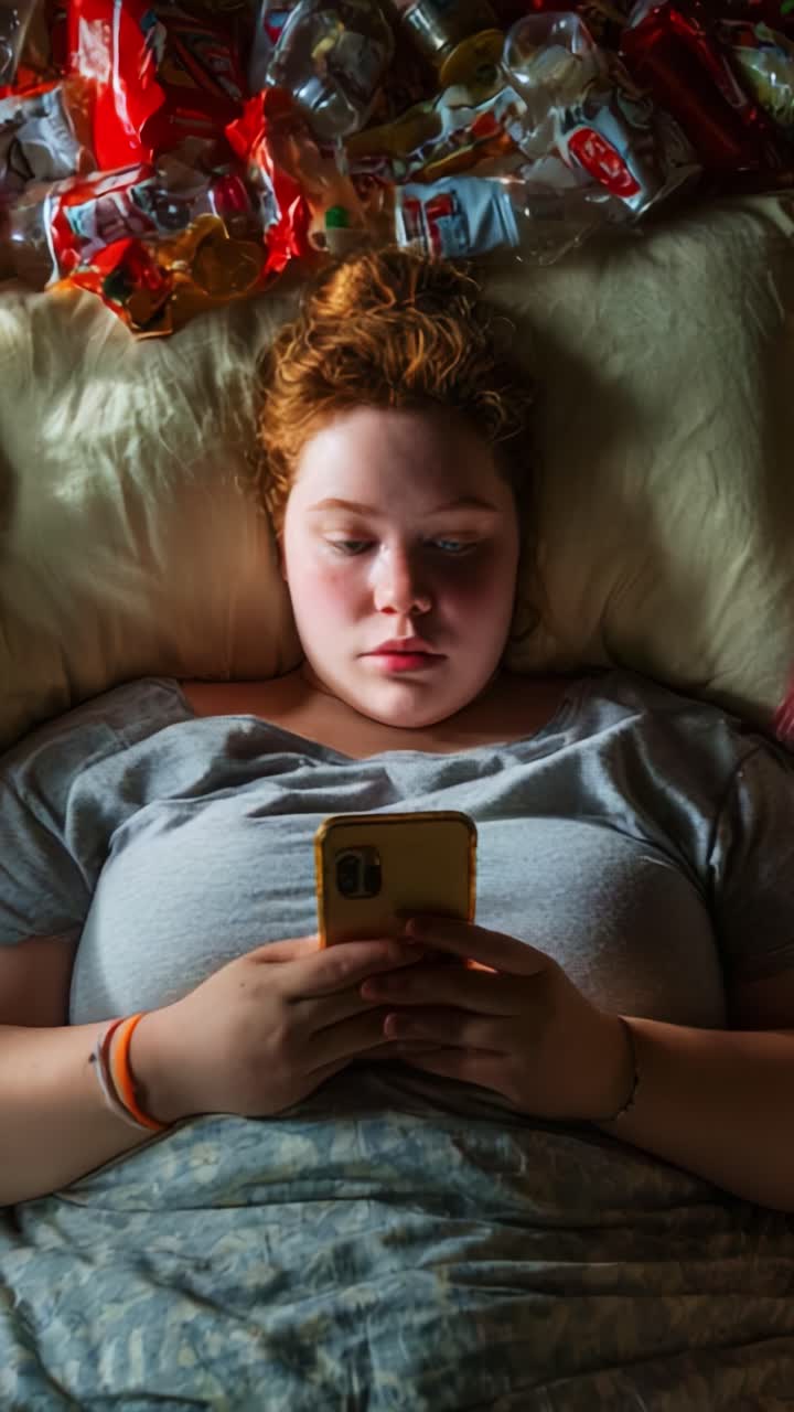 A young woman lies on her bed in a dimly lit room, surrounded by snacks, intently focused on her phone, illustrating themes of distraction and modern life