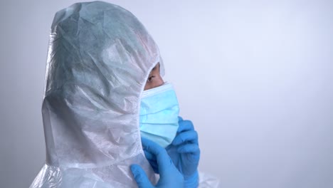 nurse in profile putting on the hood of a ppe protective suit