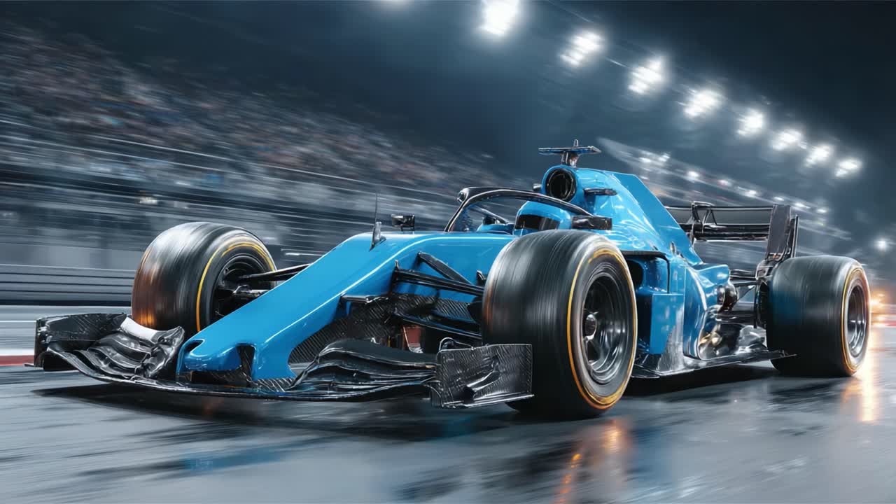 躍動感あふれるレーシングマシン：夜のトラックを疾走する青いフォーミュラカーのパワーとスピードを、ぼやける光とハイオクエネルギーで捉えました。