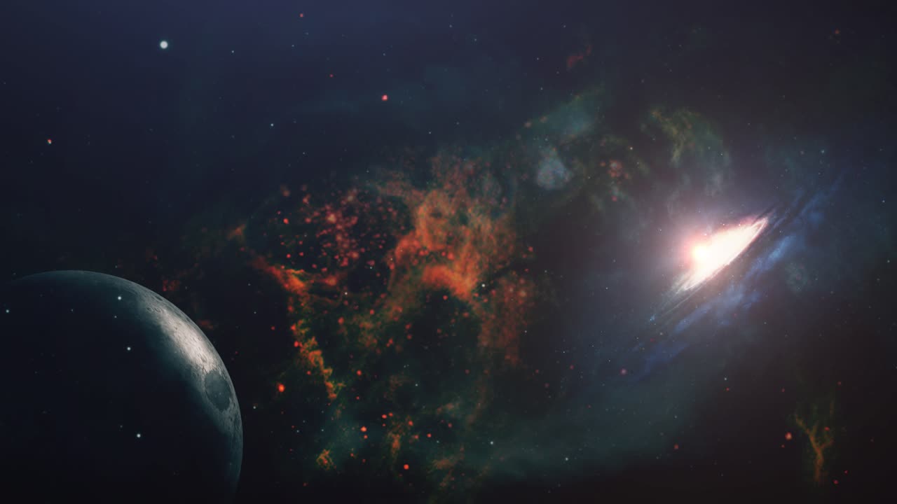 una galaxia, planeta y nebulosa de nubes en el universo en movimiento en el universo