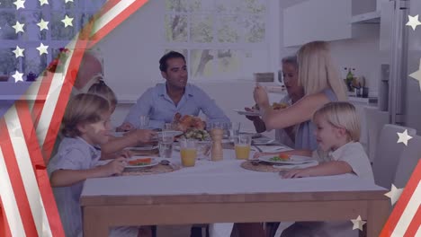 Animación-De-La-Bandera-Estadounidense-Y-Estrellas-Blancas-Sobre-Una-Familia-Caucásica-Multigeneracional-Desayunando