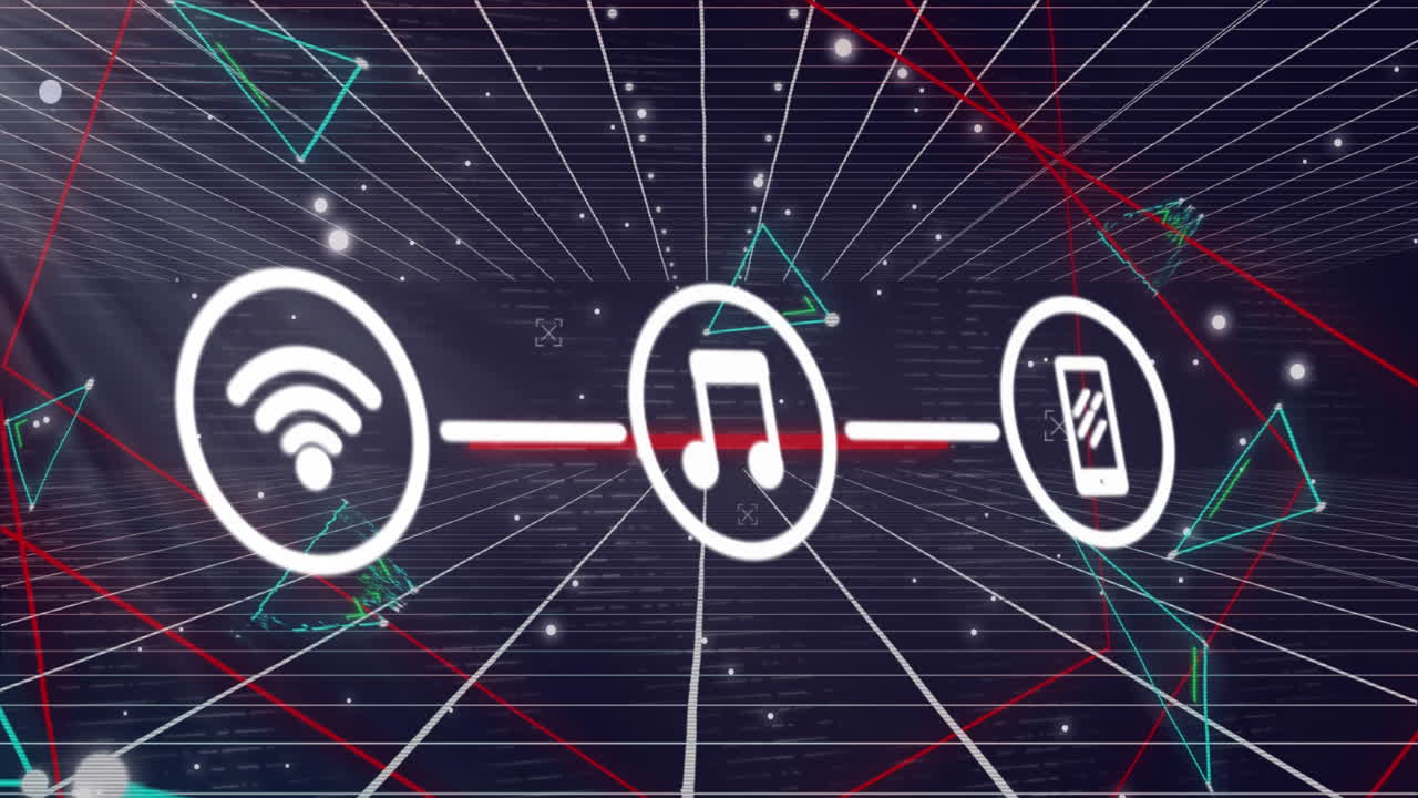 animación de una red de iconos digitales y redes de plexus sobre una red de cuadrícula sobre fondo azul