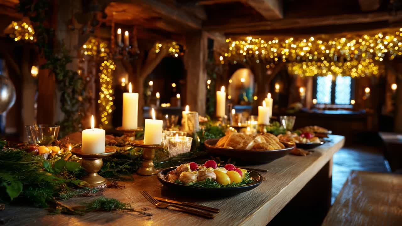 A Festive Gathering with Elegantly Arranged Delicacies, Glowing Candles, and Lush Decorations in a Cozy Atmosphere Filled with Warmth and Light, Perfect for a Celebratory Event or Holiday Feast