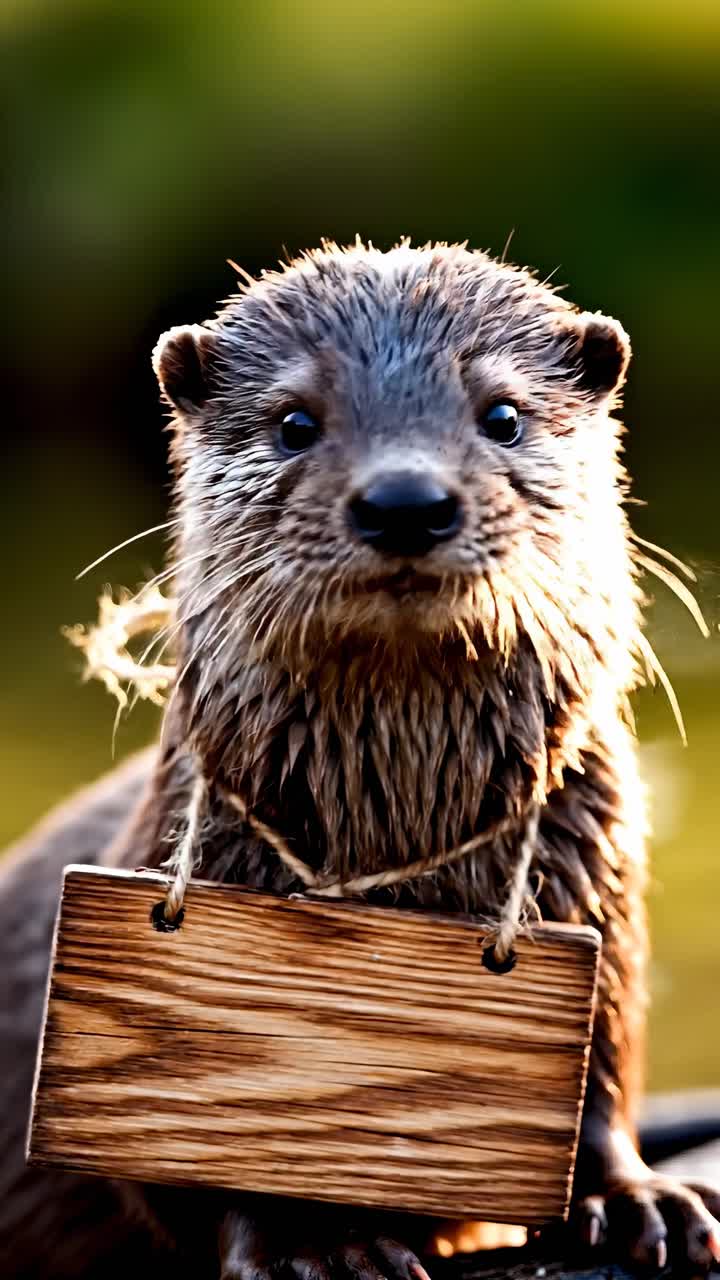 Video ravvicinato di una lontra con un cartello di legno, ripreso da un'angolazione bassa con luce naturale