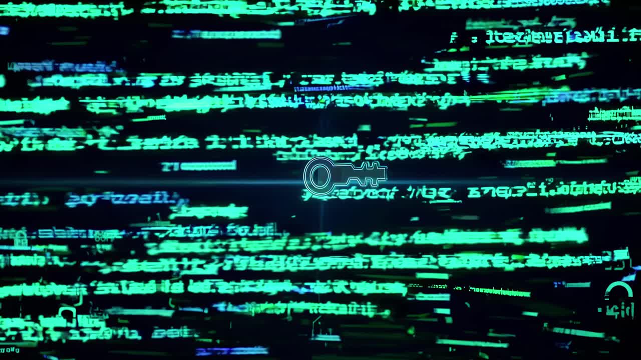 Fermo immagine video dinamico di codice digitale con un simbolo di chiave, ripreso da una prospettiva ad angolo basso.